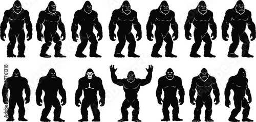 Bigfoot silhouette collection, Sasquatch vector poses, cryptid creature illustration, black and white design, mysterious forest legend, primal humanoid figure
