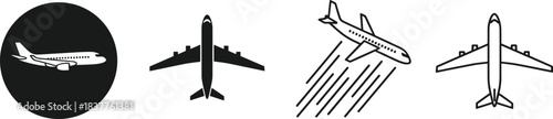Airplane icon collection, black and white vector, flight symbol set, aviation silhouette design, motion graphic, travel aircraft illustration