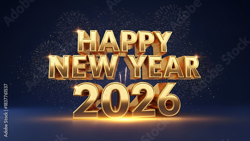 Happy New Year 2026” typography poster, metallic gold letters, sparkling particles