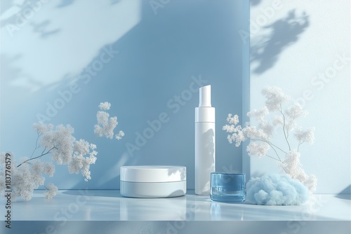 Blue skincare set in a minimal white studio with bottle spray cream jar and cloud tones Demonstration Color of the Year 2026