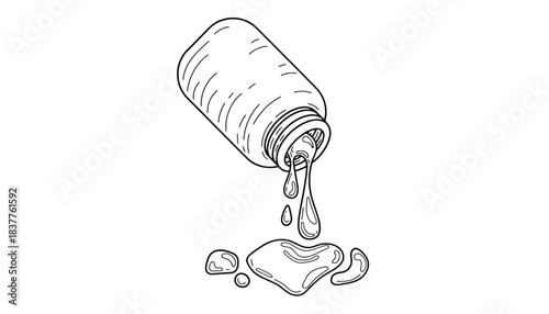 An illustration of a bottle spilling liquid onto a white background.