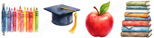 A vibrant collection of school-related items, including crayons, a graduation cap, an apple, and stacked books.