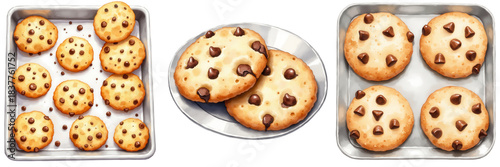 A variety of freshly baked cookies on trays, featuring chocolate chips and chunks, with a golden-brown color and a soft texture.
