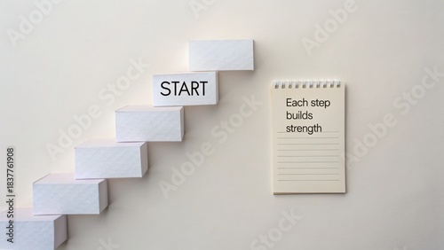Motivational staircase with 'START' on the top step and a notepad with 'Each step builds strength' on a plain wall, conveying a sense of progress and determination.