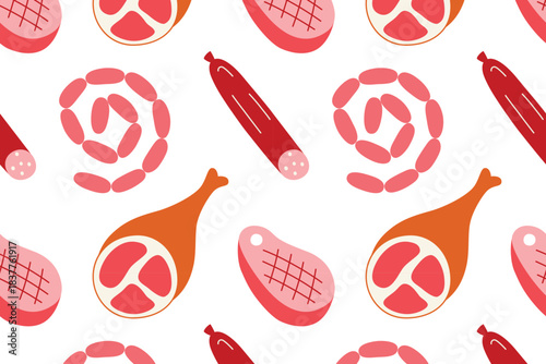 Flat cartoon vector illustration, meat product pattern with sausages, ham, bacon and steaks, savory food theme, bold culinary mood, seamless design for packaging, menu graphics and cooking projects