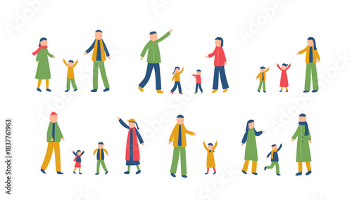 冬を過ごす家族のイラストセット