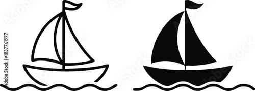 Sailboat Icon on Waves, Simple Sailboat Icon, Outline and Filled Sailboat Vector, Sailing Boat on Water Icon, Marine or Ocean Travel Symbol, silhouette, vector, illustration.