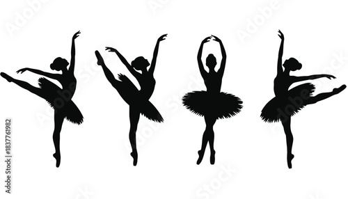 Silhouettes of four ballet dancers in various graceful poses on a white background.