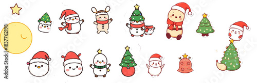 cute christmas sticker pack, transparent background, pastel tone, kawaii style, thick white outline, soft colors, adorable festive characters, no text.