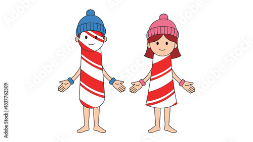 Festive Candy Cane Characters: Two charming candy cane figures, a boy and a girl, stand side-by-side, dressed in matching attire and winter hats, radiating a festive cheer. 