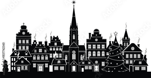 Christmas village silhouette, winter townscape, festive holiday scene, snowman and tree, cozy buildings, chimney smoke, church steeple, seasonal celebration, black and white