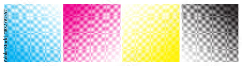 CMYK dot pattern background. Halftone dotted prepress color ink texture. Vector abstract printed production design. Bitmap pop art banner bg. Postscript rip chart illustration