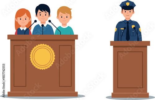 Courtroom Hearing or Trial Scene Vector Illustration: People Testifying at a Podium with Microphones While a Police Officer Stands Ready to Give Evidence.