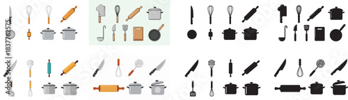 Kitchen utensils and cookware set with transparent background