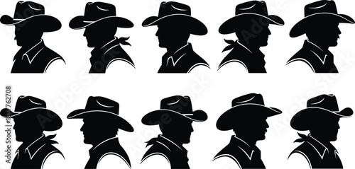 Cowboy hat men silhouettes collection, western fashion profile, ranch and country style avatars, outdoor lifestyle concept, black vector illustration set