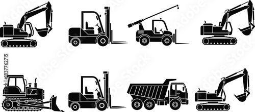 Construction vehicle silhouettes, industrial machinery icons, black vector set, excavator, forklift, crane, bulldozer, dump truck, heavy equipment clipart