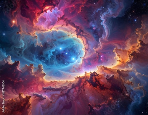 Vivid nebula displays a cosmic swirl of colors and celestial bodies