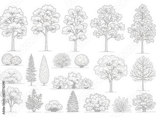 Collection of hand drawn trees and bushes for landscape design