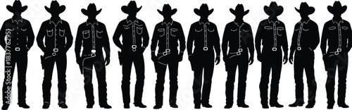 Cowboy silhouette lineup, Western fashion, standing poses, rural outfit art, boots and hats, country style, ranch illustration, vintage graphic