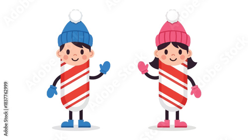 Winter Characters : Two charming cartoon characters, adorned in winter attire, wave cheerfully. Capturing the spirit of winter fun and festive joy.