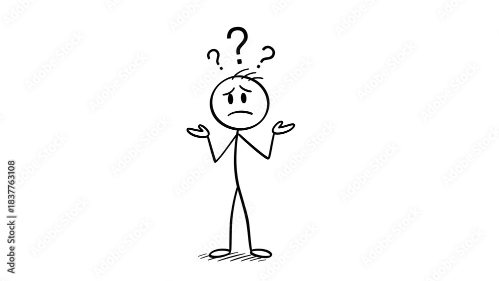 Fototapeta premium stickman, stick figure, confused stickman illustration, questioning character drawing, puzzled figure with question marks, simple doodle expressing confusion