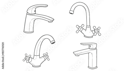 Four different faucets are depicted in this outline illustration.