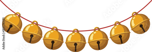 A string of festive golden jingle bells, creating a charming garland for holiday decorations and seasonal celebrations