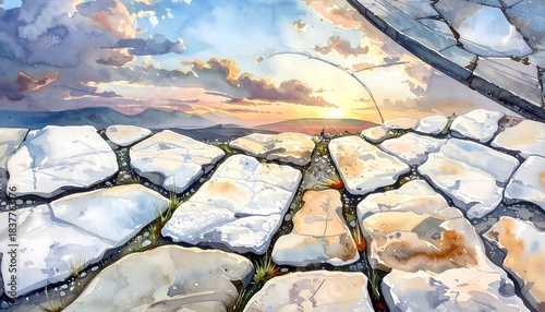 Watercolor landscape of a stone path leading towards a sunset