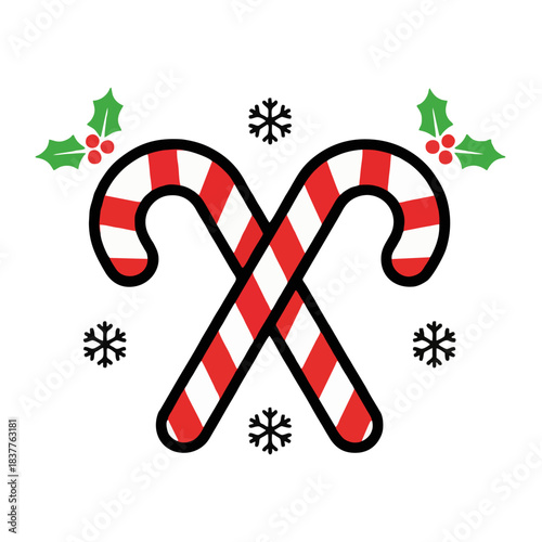 Candy Cane Crossed with Holly – Christmas Sweet Illustration