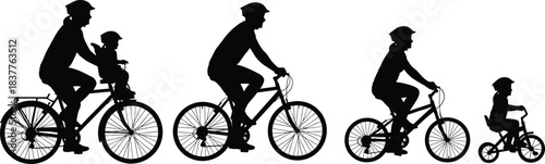 Family cycling silhouettes, father and child bike ride, outdoor adventure, bicycle icons set, parent kid bonding, sports transport concept, black minimal vector illustration