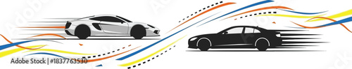 Two racing cars, one white and one black silhouette, speeding with motion lines and colorful abstract trails isolated on white