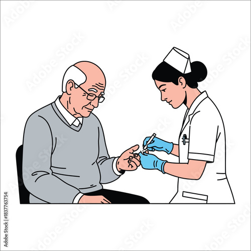Nurse takes blood sample from elderly man's finger for testing doctor patient