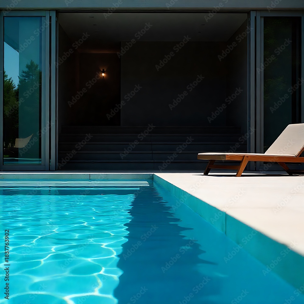Fototapeta premium Modern swimming pool beside a luxury house with glass walls, wooden deck, and balcony. Calm water reflects sky and surroundings, creating a serene and spacious outdoor atmosphere.