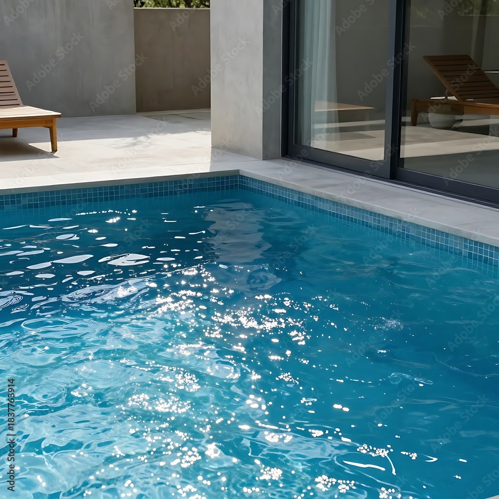 Fototapeta premium Modern swimming pool beside a luxury house with glass walls, wooden deck, and balcony. Calm water reflects sky and surroundings, creating a serene and spacious outdoor atmosphere.