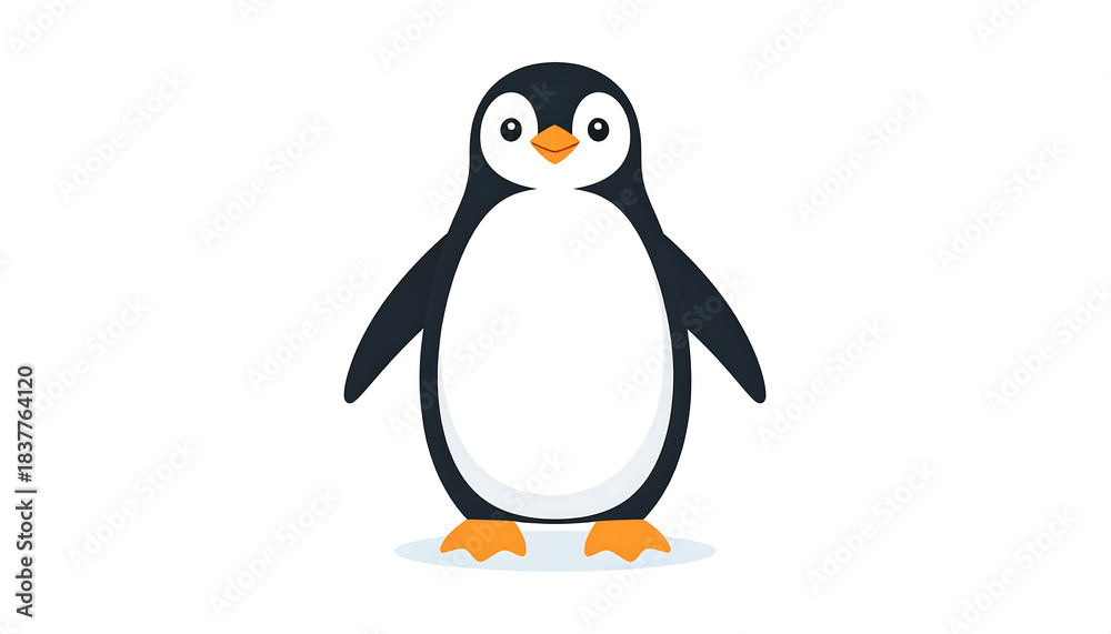 Obraz premium Charming illustration of a cheerful penguin standing upright, a cute character in a flat design vector style, perfect for children's graphics and winter animal themes
