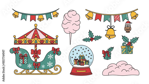 Festive Wonderland: A collection of delightful Christmas ornaments and treats, including sleighs, ornaments and sweets. Each element captures the enchantment of holiday festivities. 