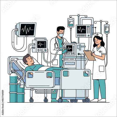 Doctor and nurse tending to patient in hospital bed with medical equipment vector