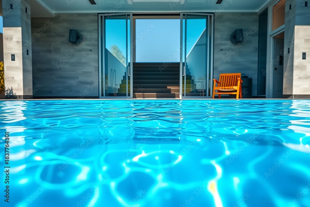 Fototapeta premium Modern swimming pool beside a luxury house with glass walls, wooden deck, and balcony. Calm water reflects sky and surroundings, creating a serene and spacious outdoor atmosphere.