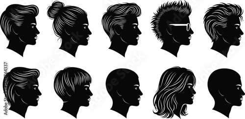 Hairstyle silhouette heads, profile view, hair design variety, fashion reference, character styling, haircut shapes, beauty concept, style guide