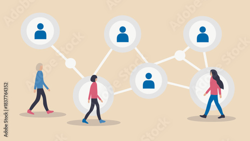 Networked people walking with connected profile icons representing social connections and communication flow