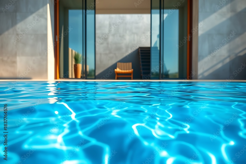 Fototapeta premium Modern swimming pool beside a luxury house with glass walls, wooden deck, and balcony. Calm water reflects sky and surroundings, creating a serene and spacious outdoor atmosphere.