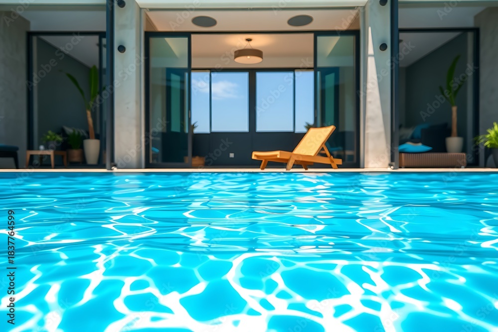 Fototapeta premium Modern swimming pool beside a luxury house with glass walls, wooden deck, and balcony. Calm water reflects sky and surroundings, creating a serene and spacious outdoor atmosphere.