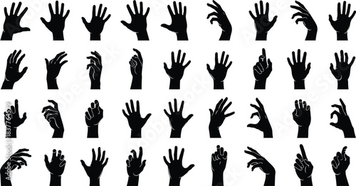 Hand silhouettes vector set, gesture icons, open palm, pointing finger, okay sign, raised hands, human communication symbols, UI design elements, overlay shadow graphics, SEO optimized for Adobe Stock