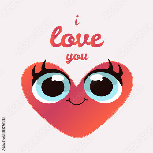 Cute smiling heart with big blue eyes. Love symbol with " i love you" text. Vector illustration