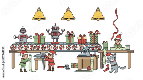 Christmas Gift Workshop: A whimsical scene unfolds as elves and robots collaborate in a festive workshop, meticulously preparing gifts for the season of joy and cheer.
