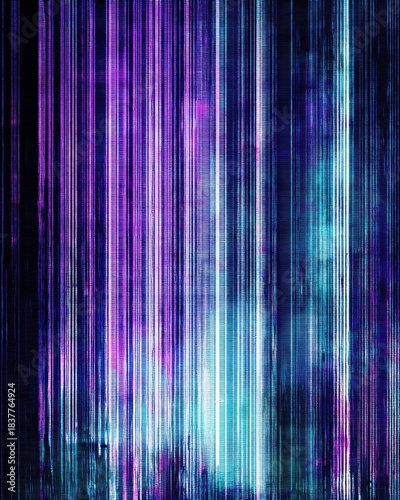 Abstract digital background with cyan-to-violet light trails and static texture, ideal for data transfer visuals, network disruption concept, tech glitch branding, cybersecurity content

