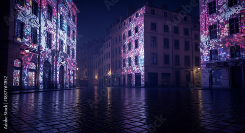 Fête des Lumières festival in Lyon, where colorful light projections illuminate historic buildings at night 