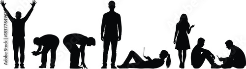 Human silhouette collaboration, teamwork diversity figures, success and struggle poses, business concepts, people icons, communication, support, unity, leadership, balance, trust, motivation