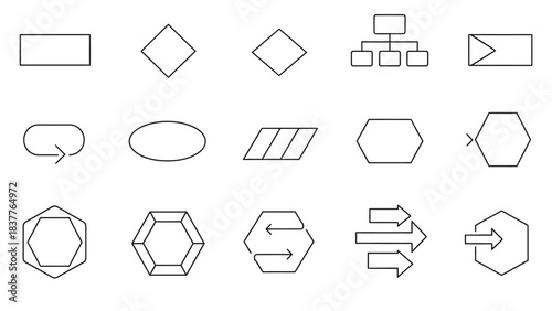 Set of 15 basic flowchart symbols and diagram elements
