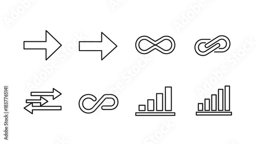 Set of eight black outline icons representing process flow, infinity and growth charts